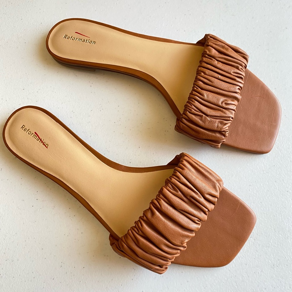 Reformation Tan Sandals with Ruched Strap and Flat Sole